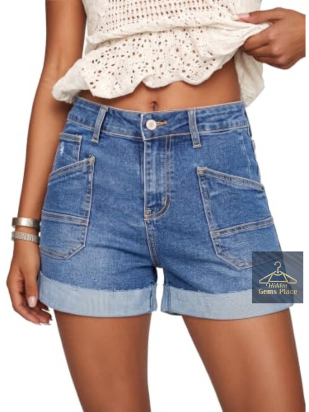 Women's High Waisted Folded Hem Stretch Jean Shorts with Rectangular Pockets